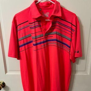 Under Armour Mens Polo Shirt XL Salmon Colorful Stripe Loose Heat Gear